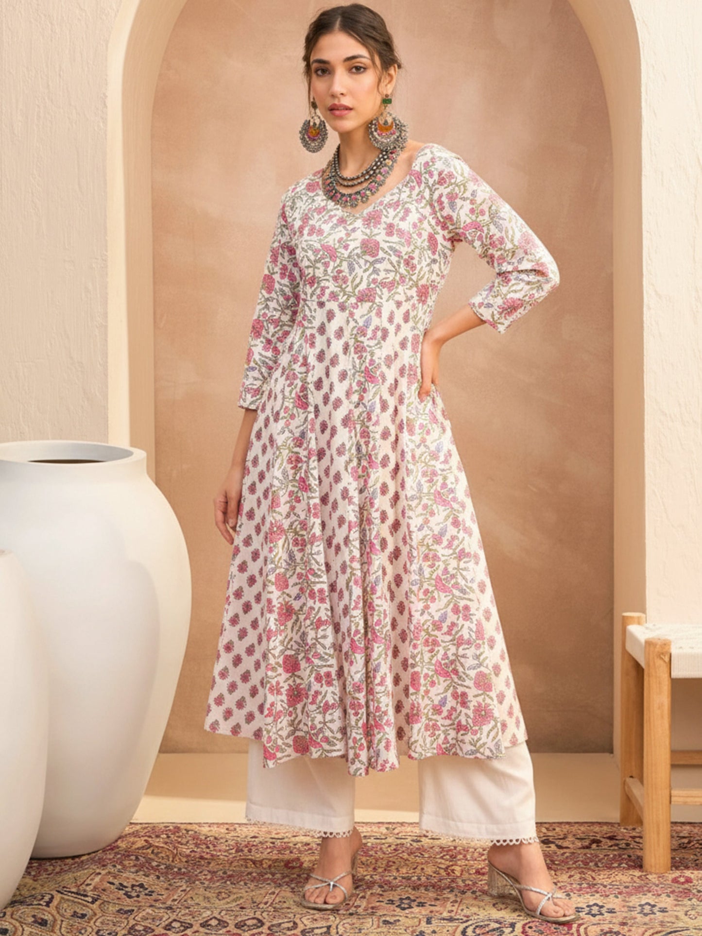 Women's Women White Floral Sweetheart Neck Anarkali Kurta in Cotton by Shae for wholesale, bulk, supplier, manufacturer and wholesaler buyers from Trendphoria