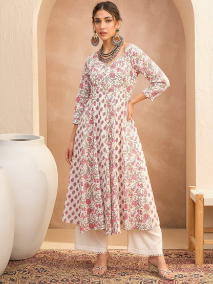 Women's Women White Floral Sweetheart Neck Anarkali Kurta in Cotton by Shae for wholesale, bulk, supplier, manufacturer and wholesaler buyers from Trendphoria