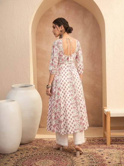 Women White Floral Sweetheart Neck Anarkali Kurta