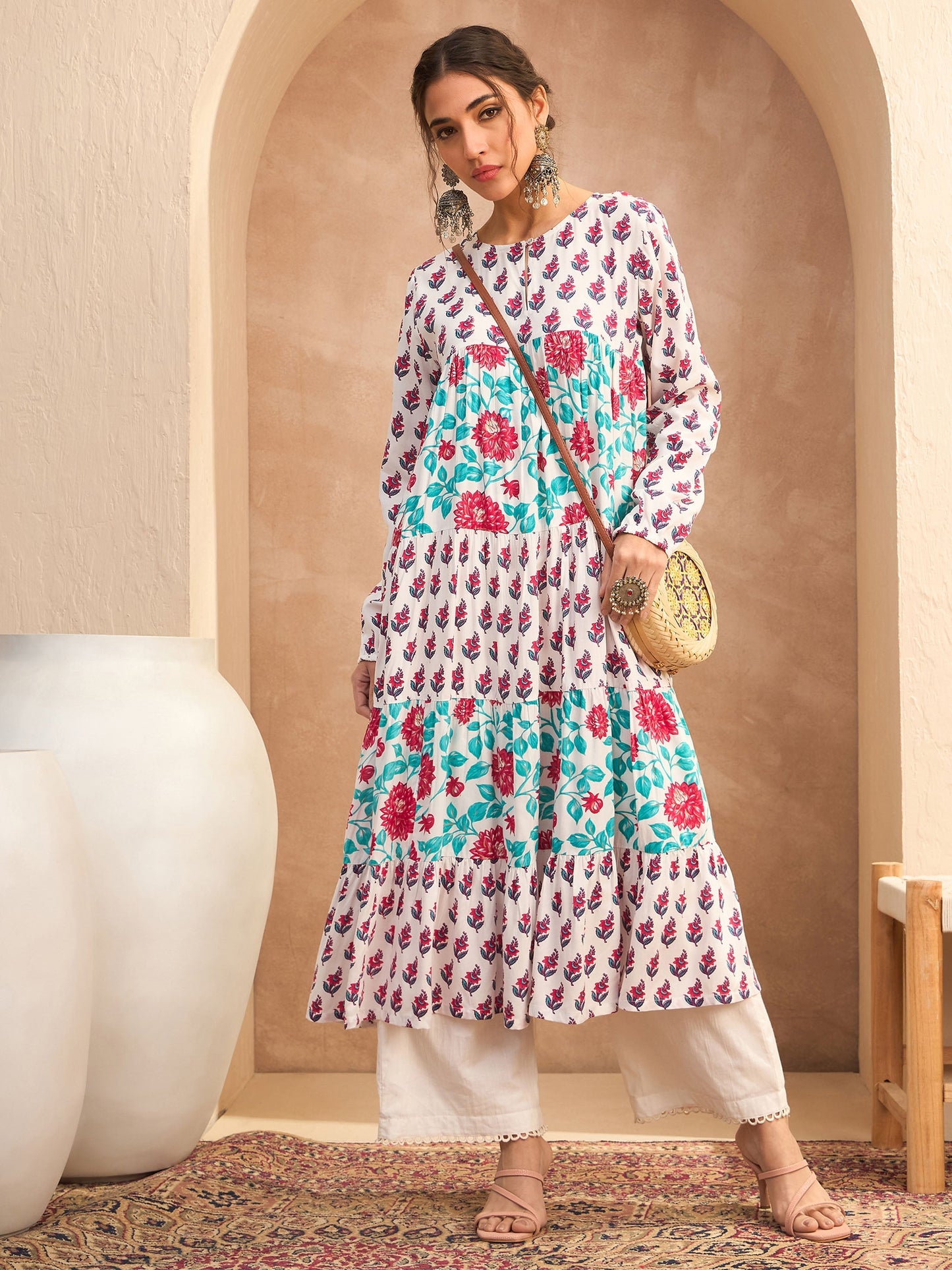 White Floral Tiered Kurta