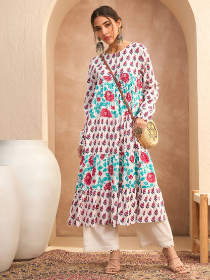 White Floral Tiered Kurta