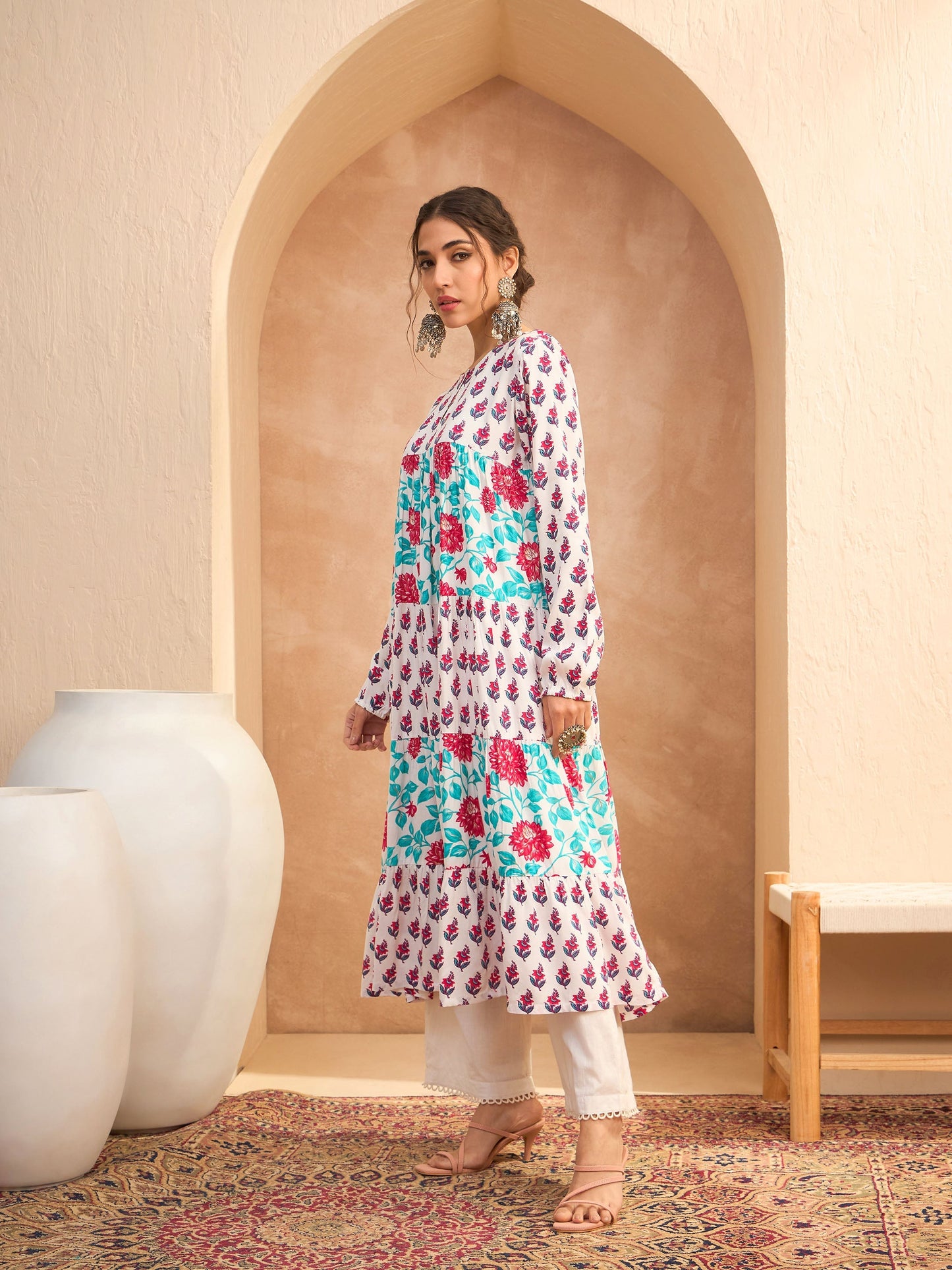 White Floral Tiered Kurta