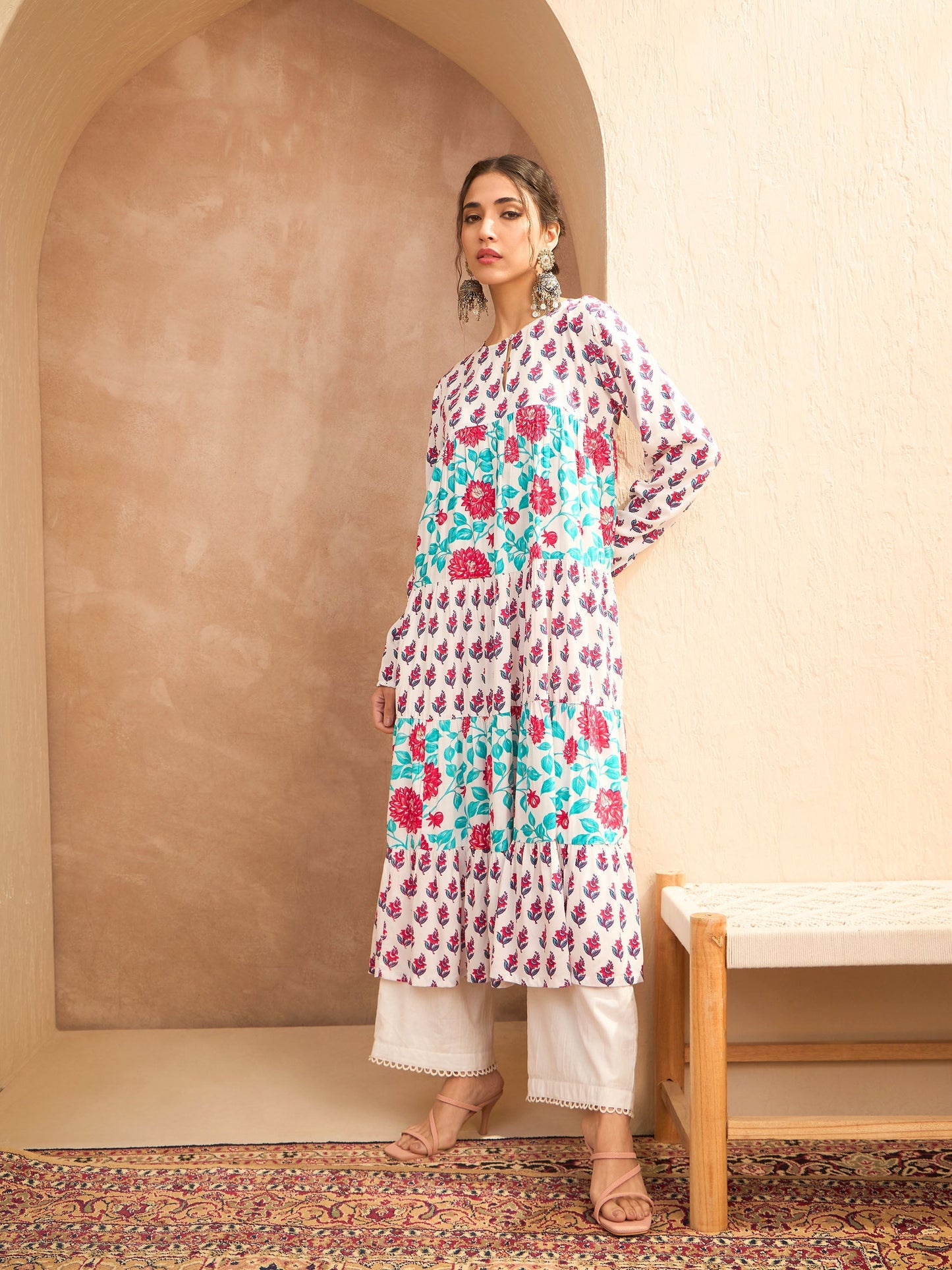 White Floral Tiered Kurta