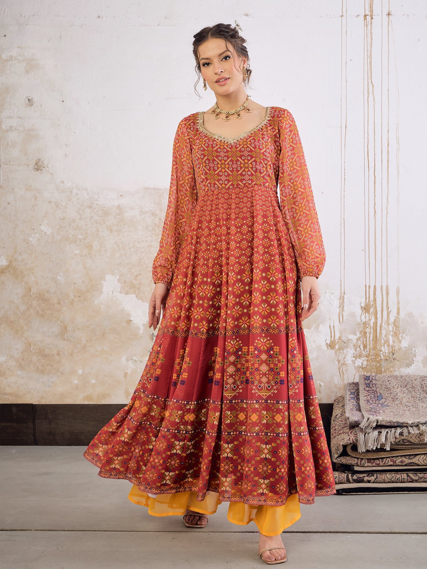 Maroon Floral Sweetheart Neck Anarkali Kurta -Shae by SASSAFRAS