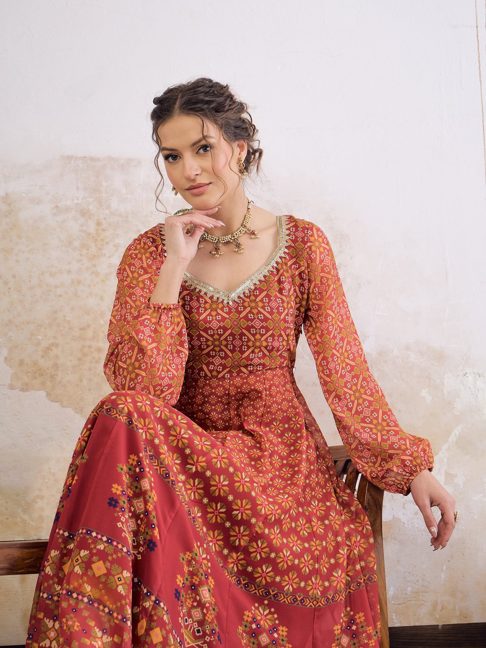 Maroon Floral Sweetheart Neck Anarkali Kurta -Shae by SASSAFRAS