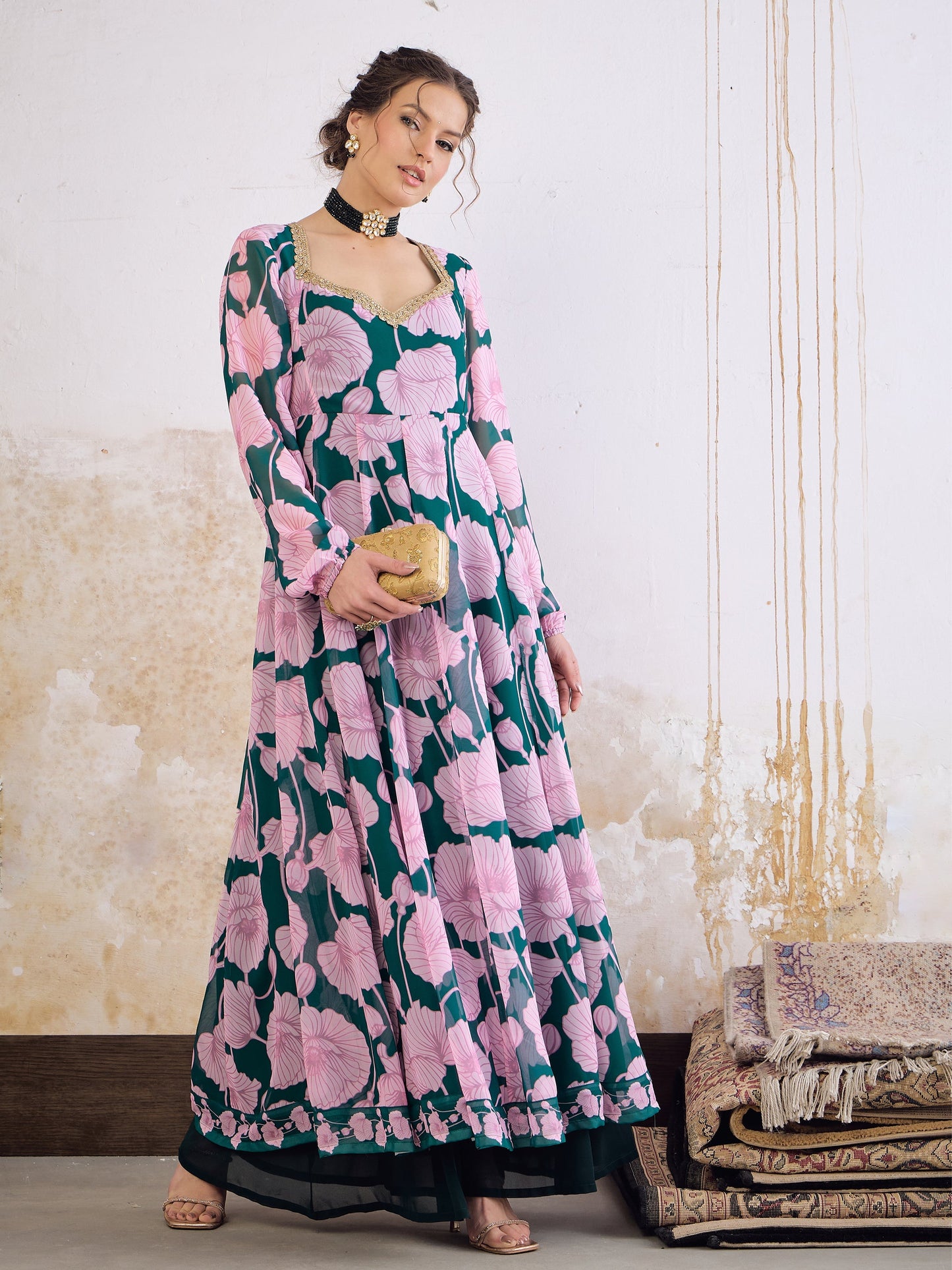 Women's Women Green & Pink Floral Sweetheart Neck Anarkali Kurta in Georgette by Shae for wholesale, bulk, supplier, manufacturer and wholesaler buyers from Trendphoria