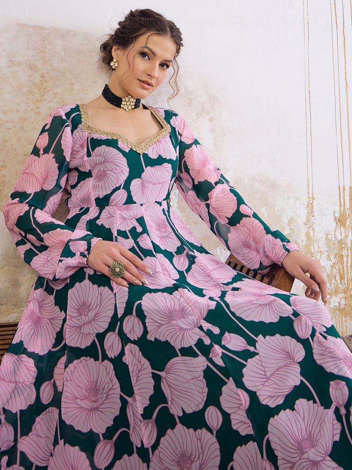 Green &amp; Pink Floral Sweetheart Neck Anarkali Kurta -Shae by SASSAFRAS