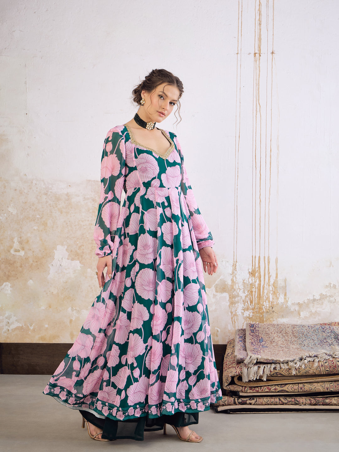 Green &amp; Pink Floral Sweetheart Neck Anarkali Kurta -Shae by SASSAFRAS