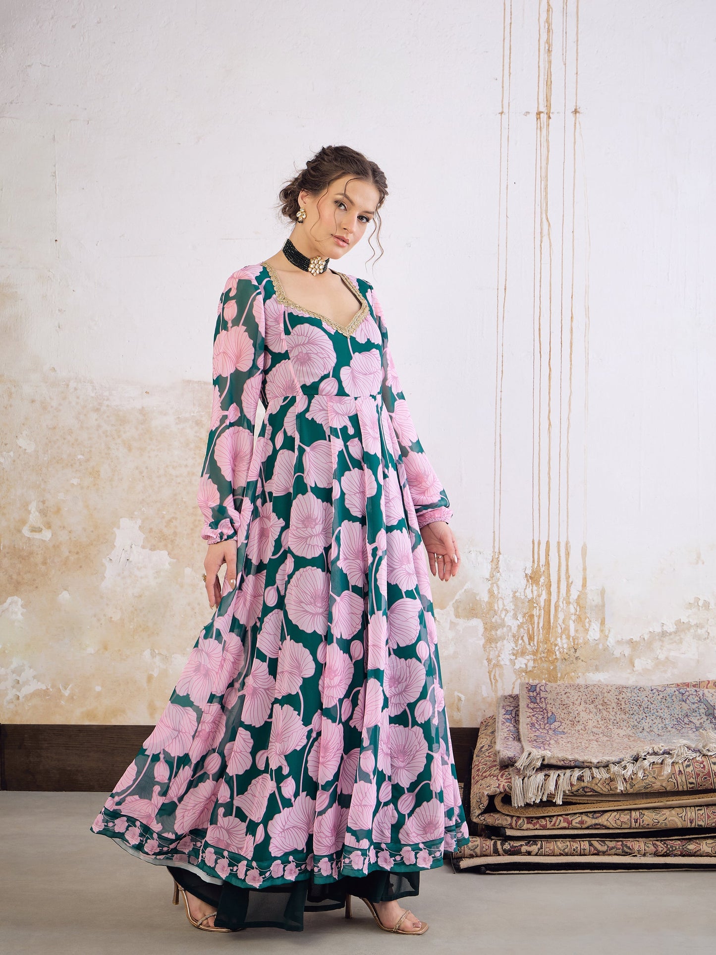 Green & Pink Floral Sweetheart Neck Anarkali Kurta -Shae by SASSAFRAS