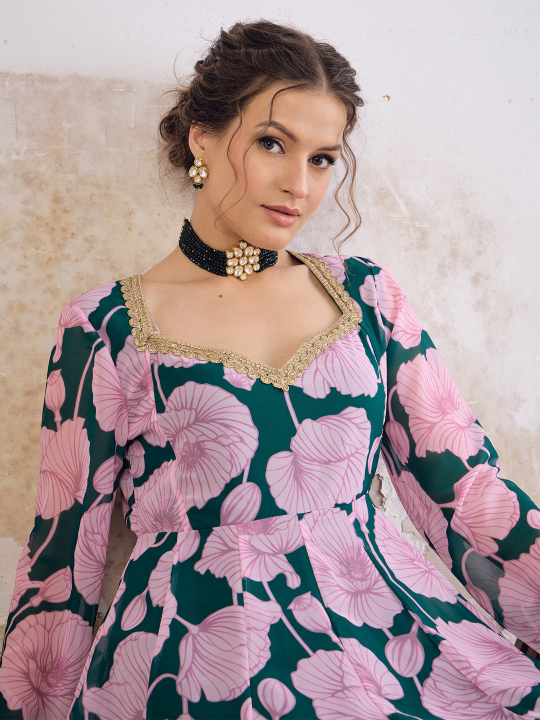 Green &amp; Pink Floral Sweetheart Neck Anarkali Kurta -Shae by SASSAFRAS