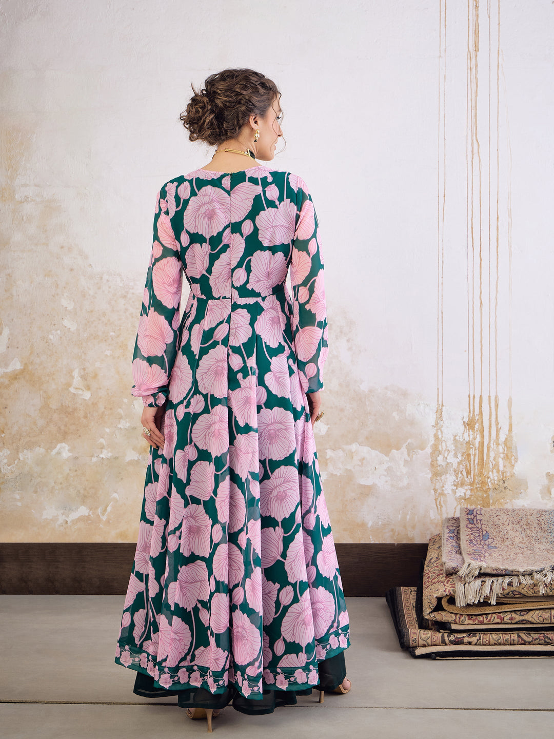 Green &amp; Pink Floral Sweetheart Neck Anarkali Kurta -Shae by SASSAFRAS