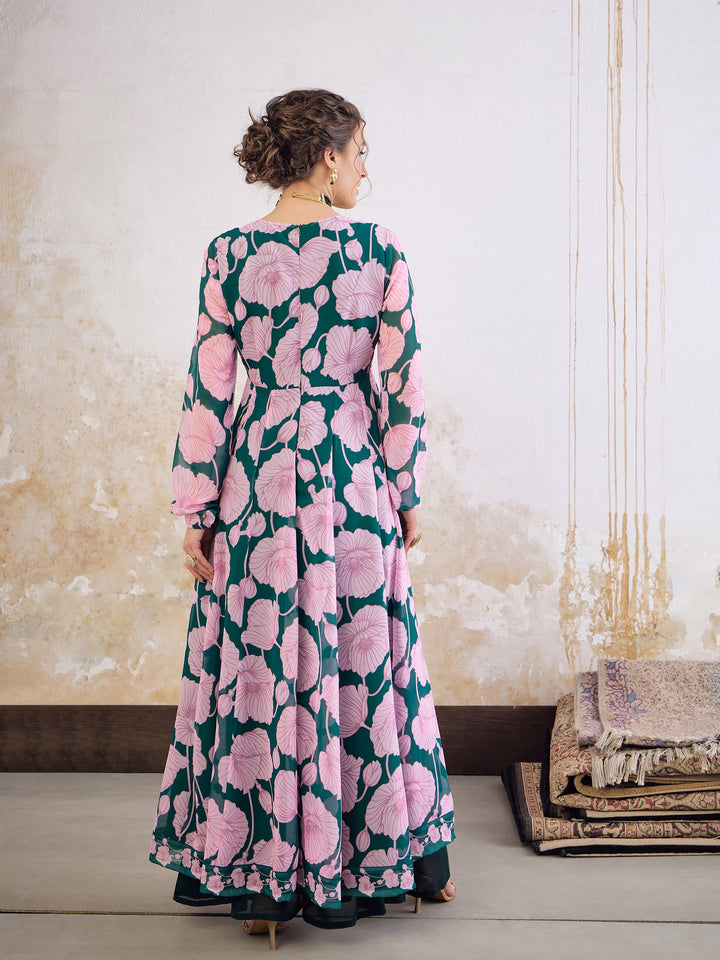 Green &amp; Pink Floral Sweetheart Neck Anarkali Kurta -Shae by SASSAFRAS
