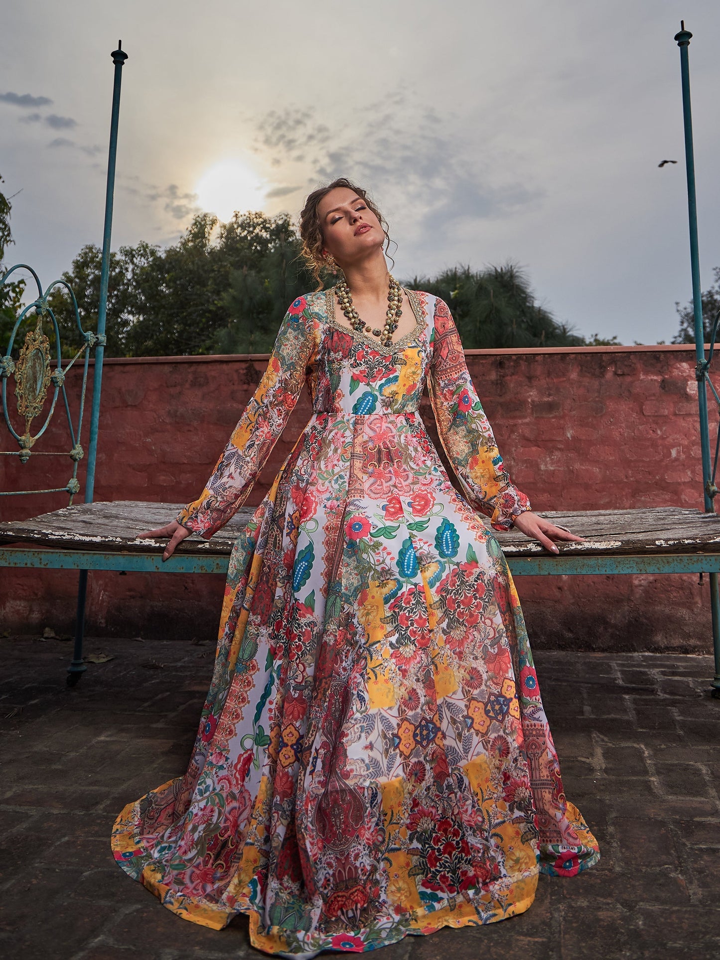 White Multi Floral Sweetheart Neck Anarkali Kurta -Shae by SASSAFRAS