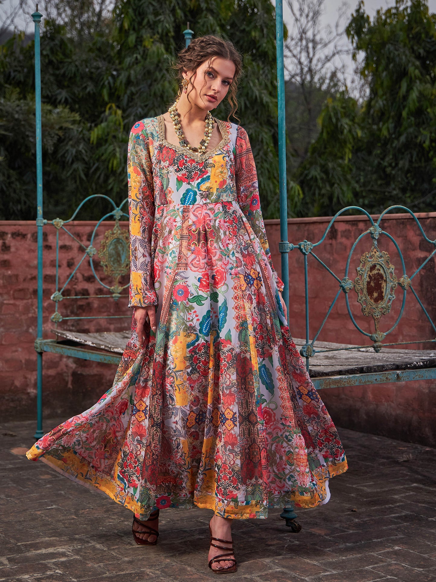 White Multi Floral Sweetheart Neck Anarkali Kurta -Shae by SASSAFRAS