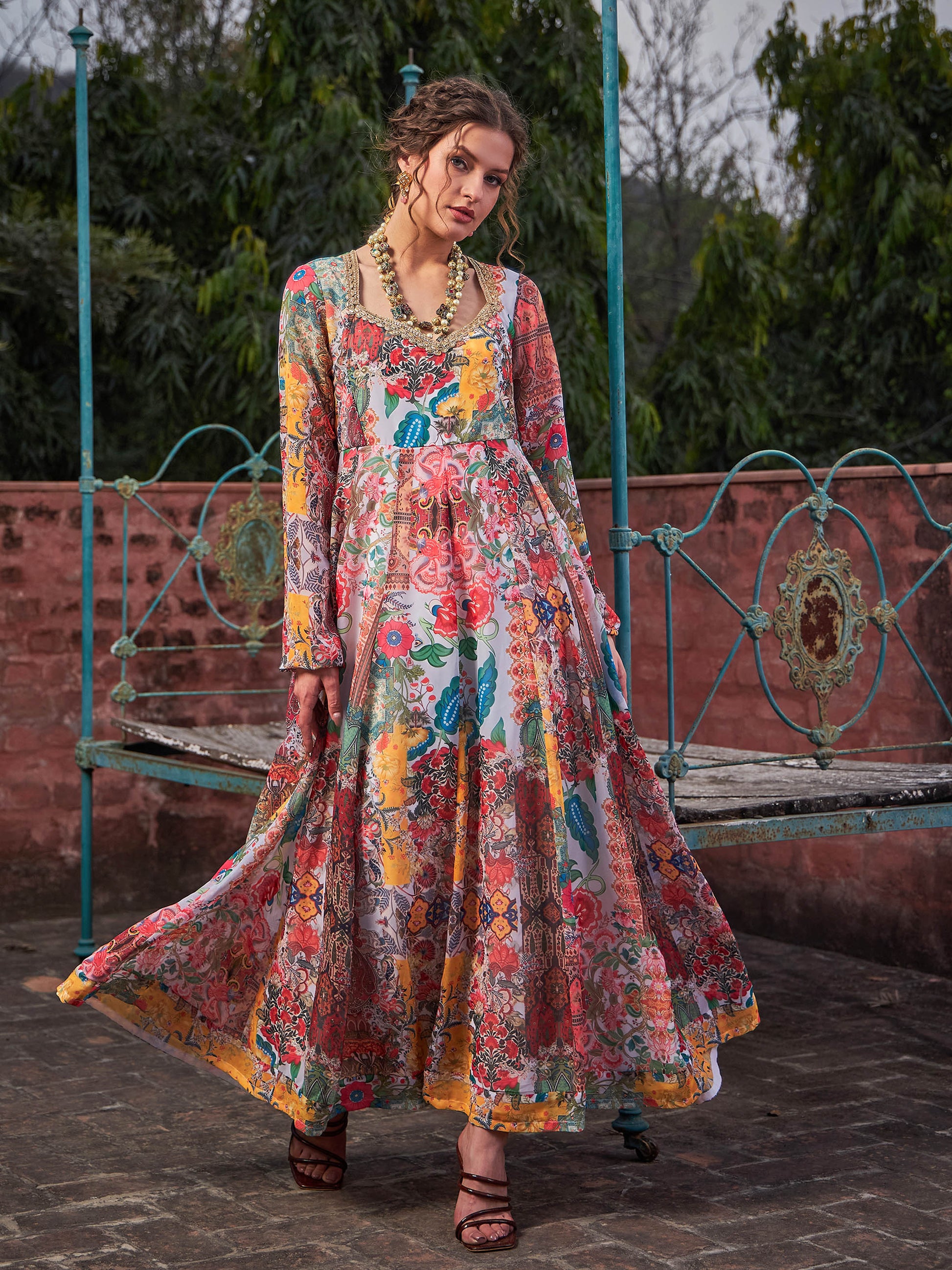 White Multi Floral Sweetheart Neck Anarkali Kurta -Shae by SASSAFRAS