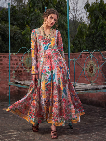 White Multi Floral Sweetheart Neck Anarkali Kurta -Shae by SASSAFRAS