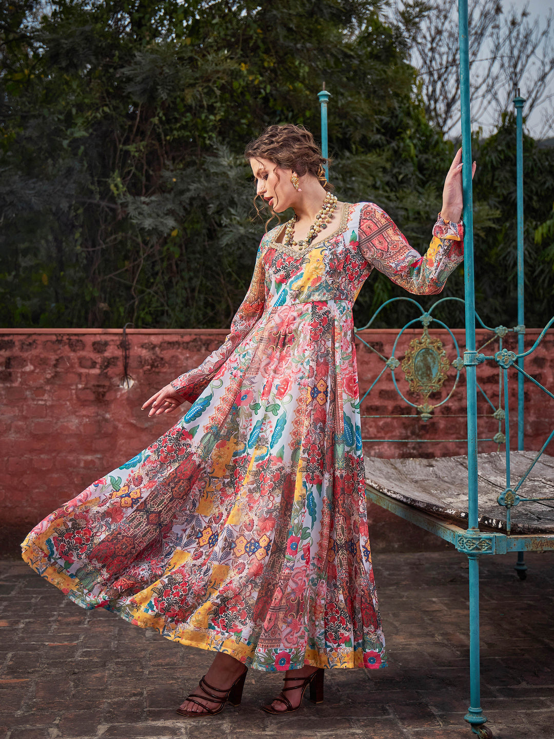 White Multi Floral Sweetheart Neck Anarkali Kurta -Shae by SASSAFRAS