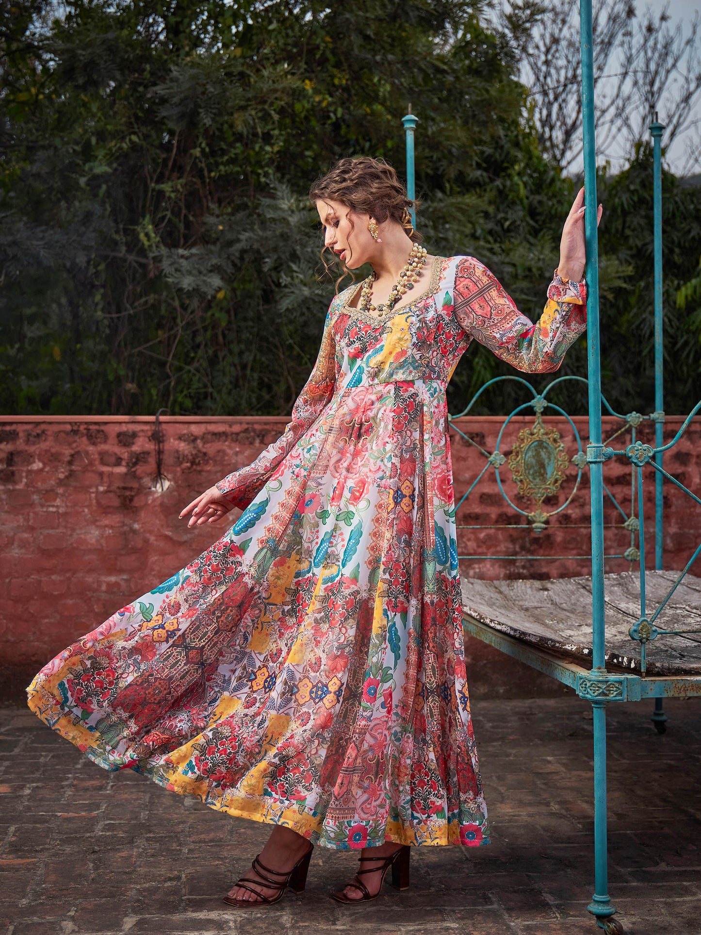 White Multi Floral Sweetheart Neck Anarkali Kurta -Shae by SASSAFRAS