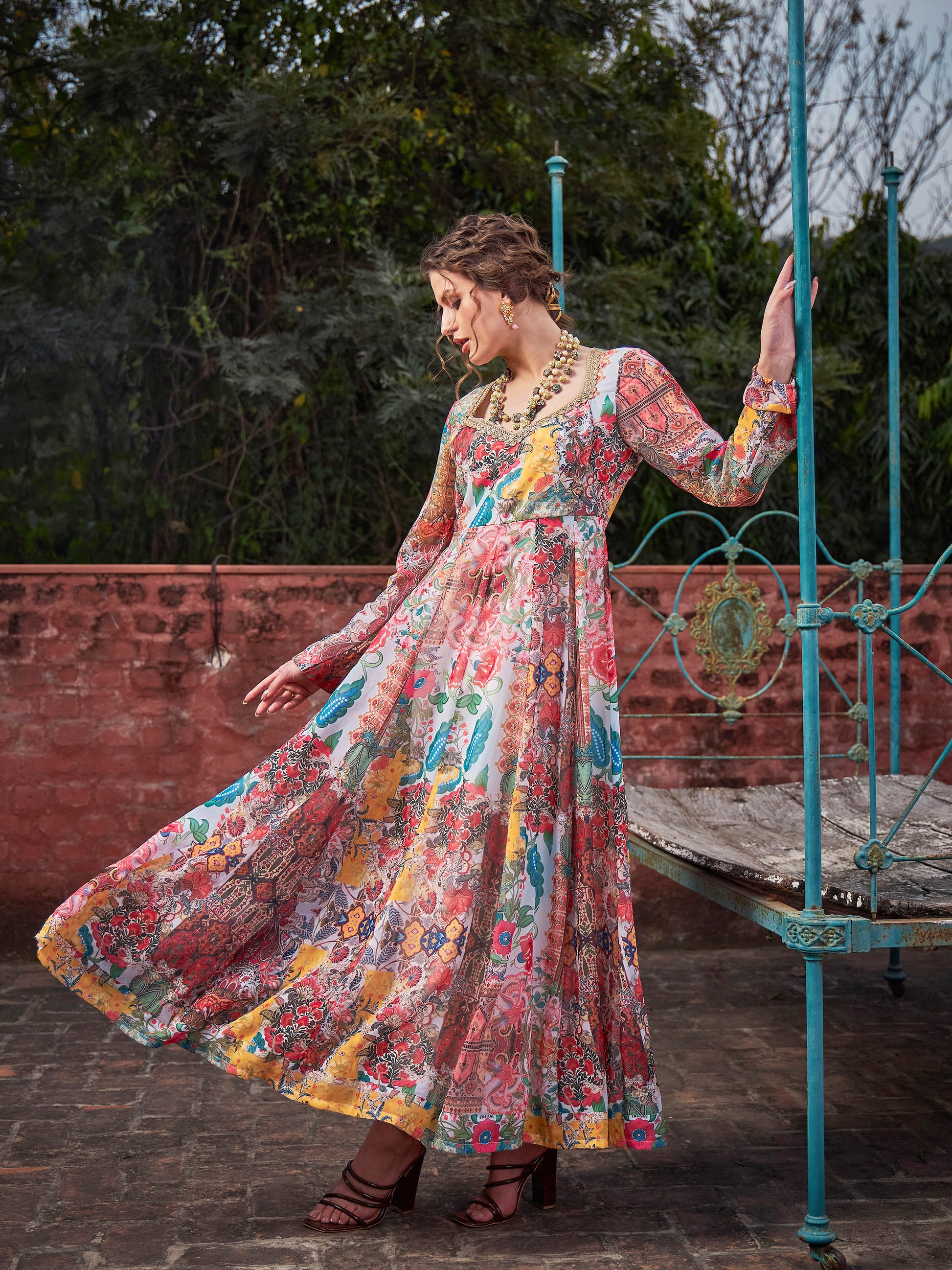 White Multi Floral Sweetheart Neck Anarkali Kurta -Shae by SASSAFRAS