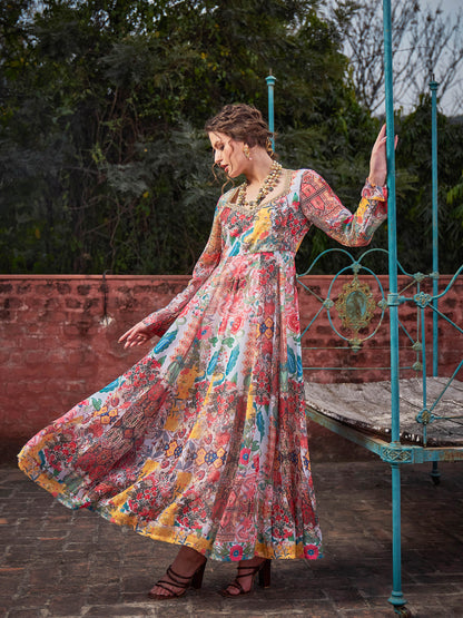 White Multi Floral Sweetheart Neck Anarkali Kurta -Shae by SASSAFRAS