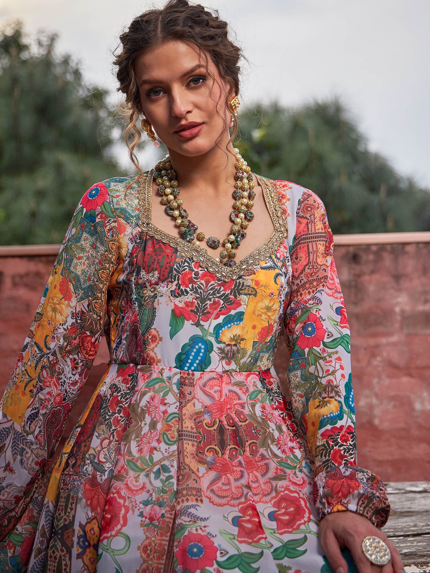 White Multi Floral Sweetheart Neck Anarkali Kurta -Shae by SASSAFRAS