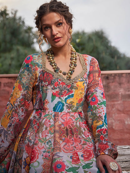 White Multi Floral Sweetheart Neck Anarkali Kurta -Shae by SASSAFRAS