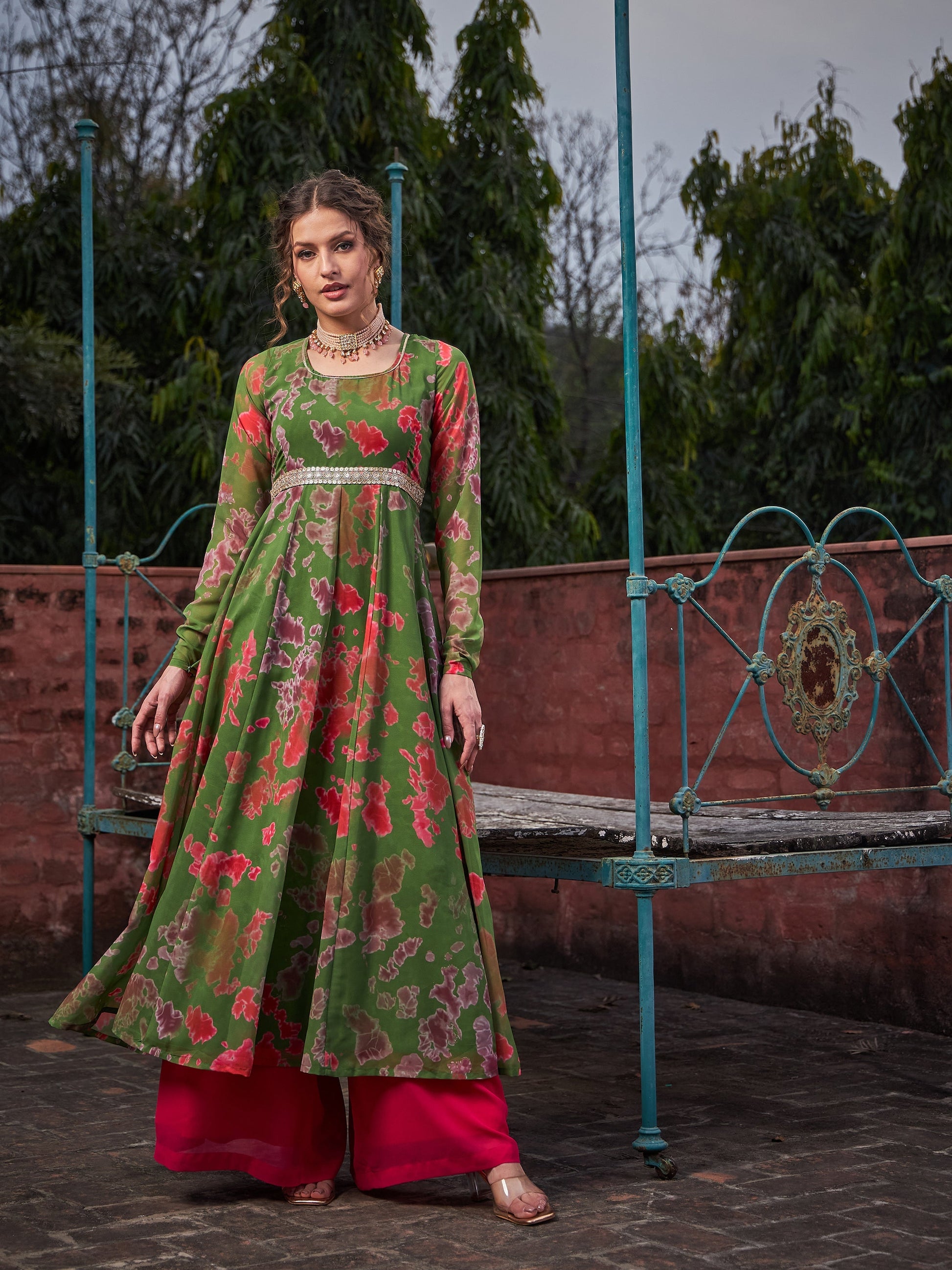 Green Tie & Dye Back Criss Cross Dori Anarkali Kurta-Shae by SASSAFRAS