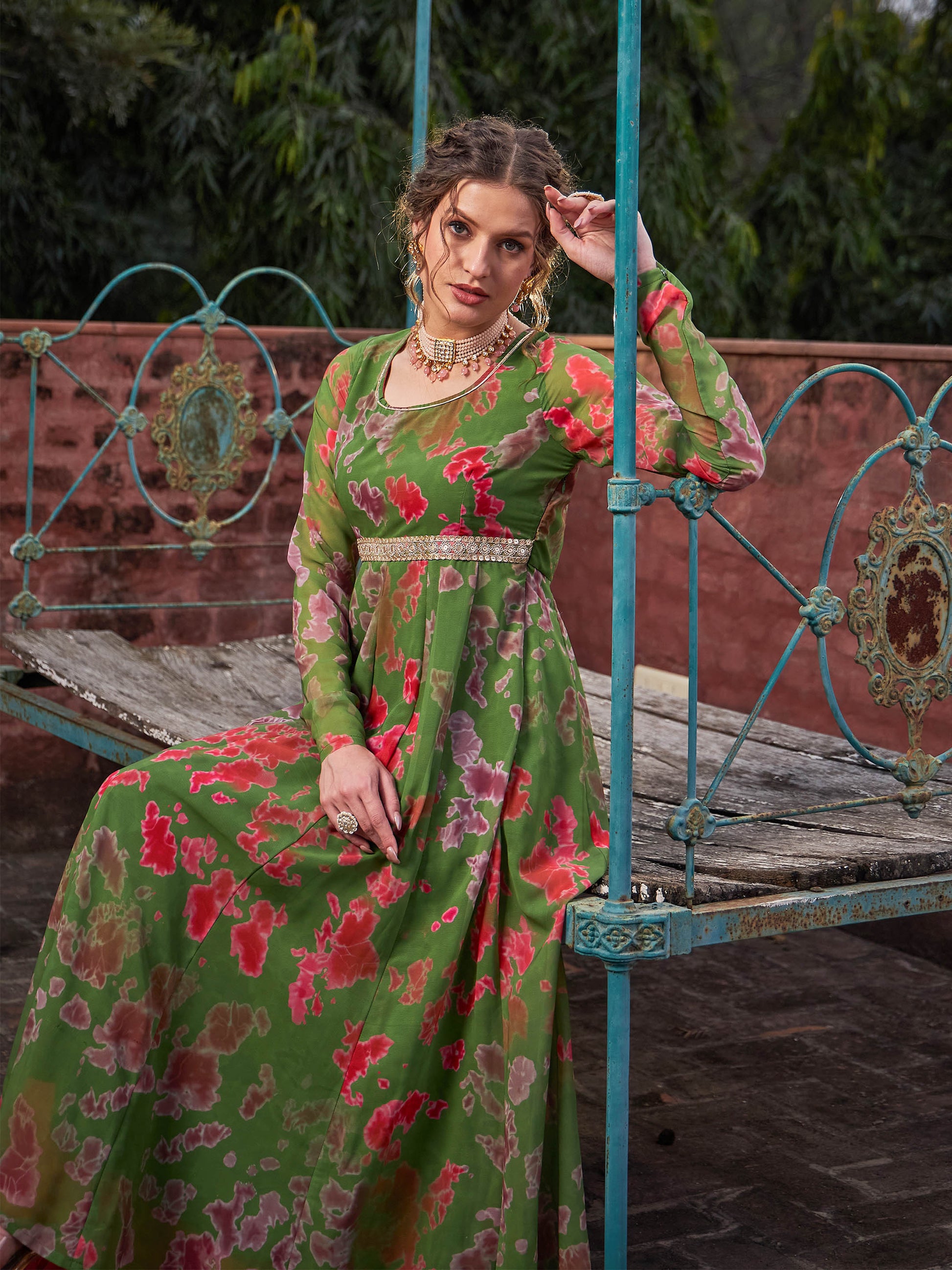 Green Tie & Dye Back Criss Cross Dori Anarkali Kurta-Shae by SASSAFRAS