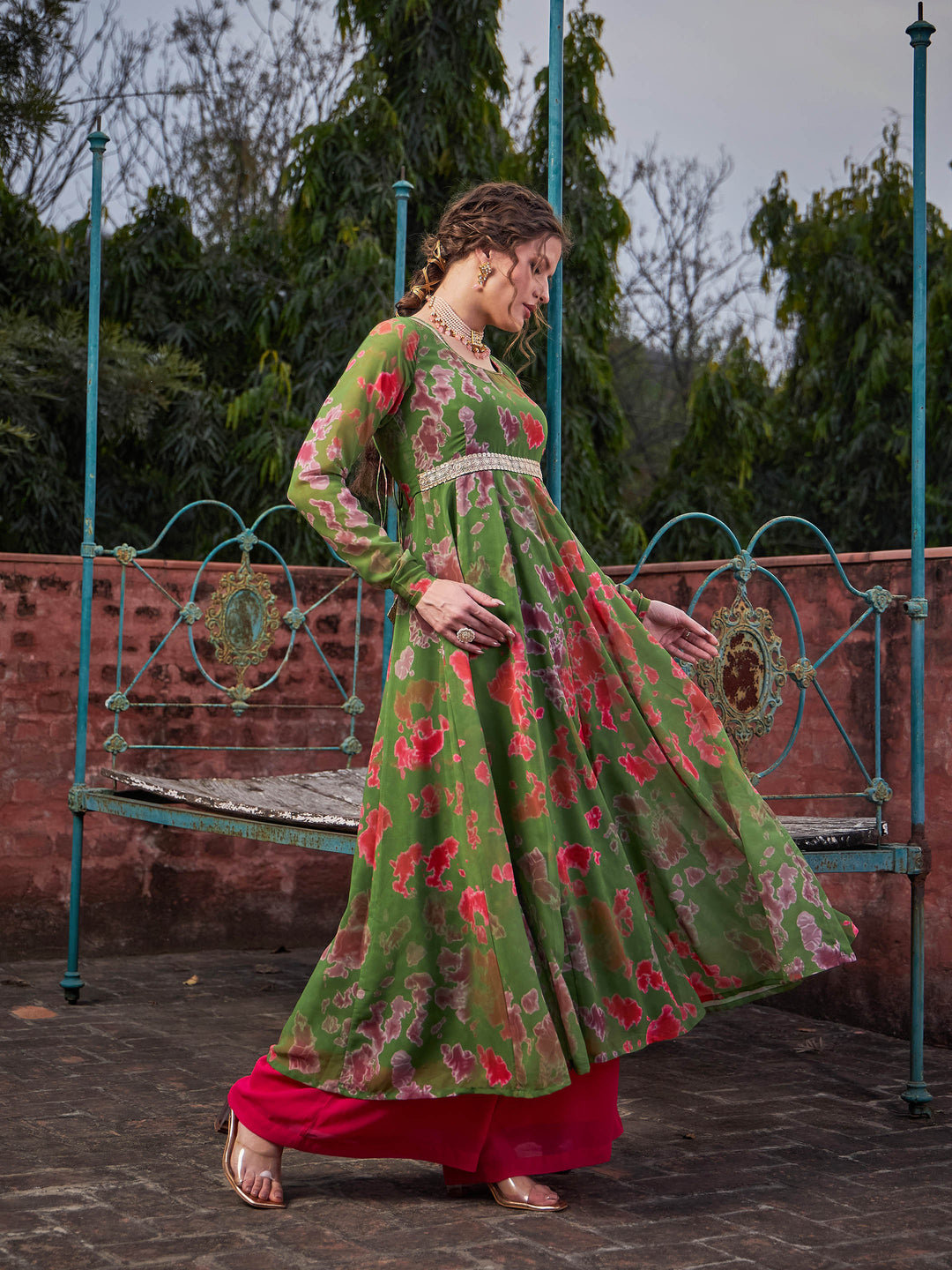 Green Tie &amp; Dye Back Criss Cross Dori Anarkali Kurta-Shae by SASSAFRAS