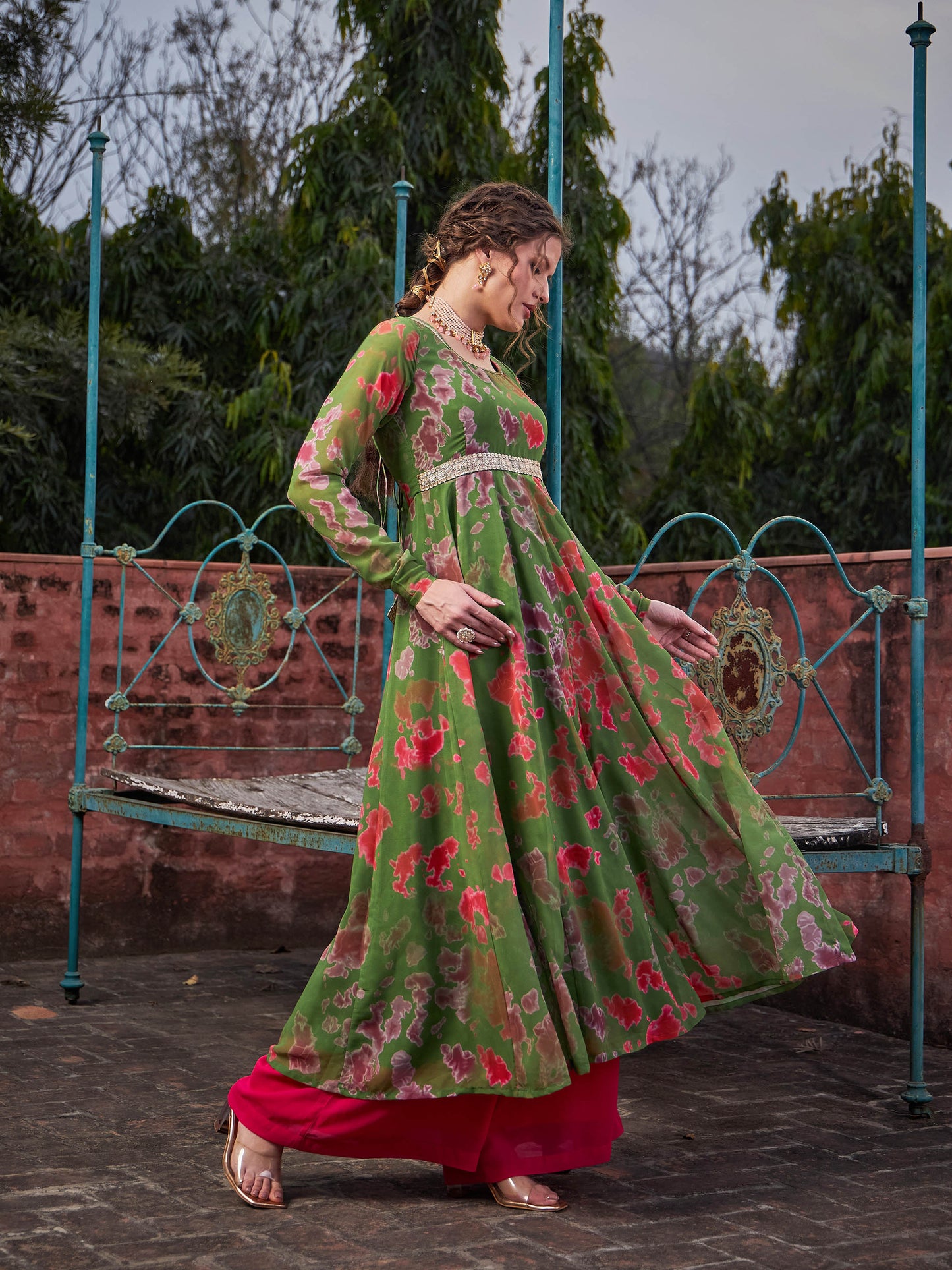 Green Tie & Dye Back Criss Cross Dori Anarkali Kurta-Shae by SASSAFRAS