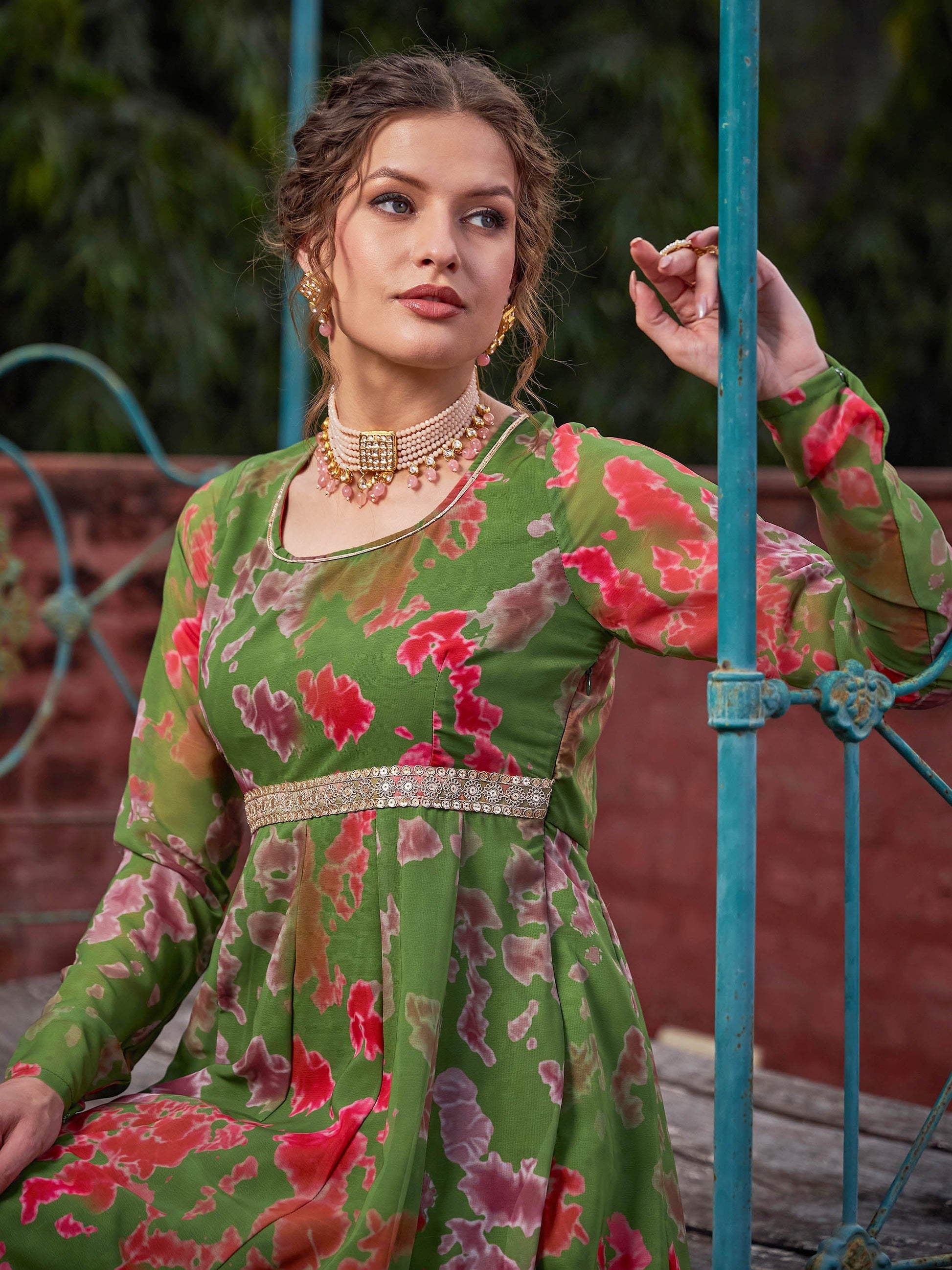 Green Tie & Dye Back Criss Cross Dori Anarkali Kurta-Shae by SASSAFRAS