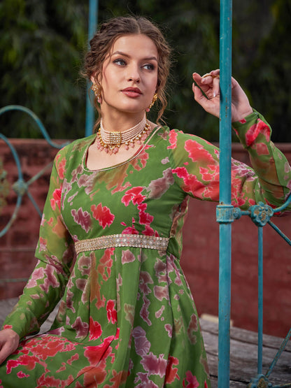 Green Tie & Dye Back Criss Cross Dori Anarkali Kurta-Shae by SASSAFRAS