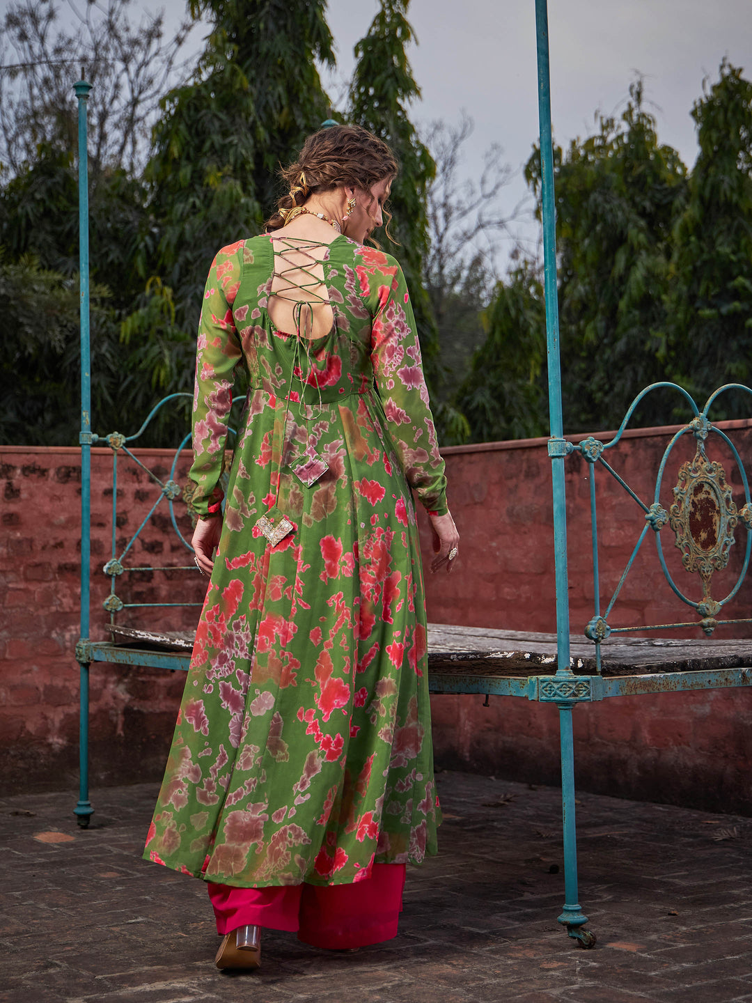 Green Tie &amp; Dye Back Criss Cross Dori Anarkali Kurta-Shae by SASSAFRAS