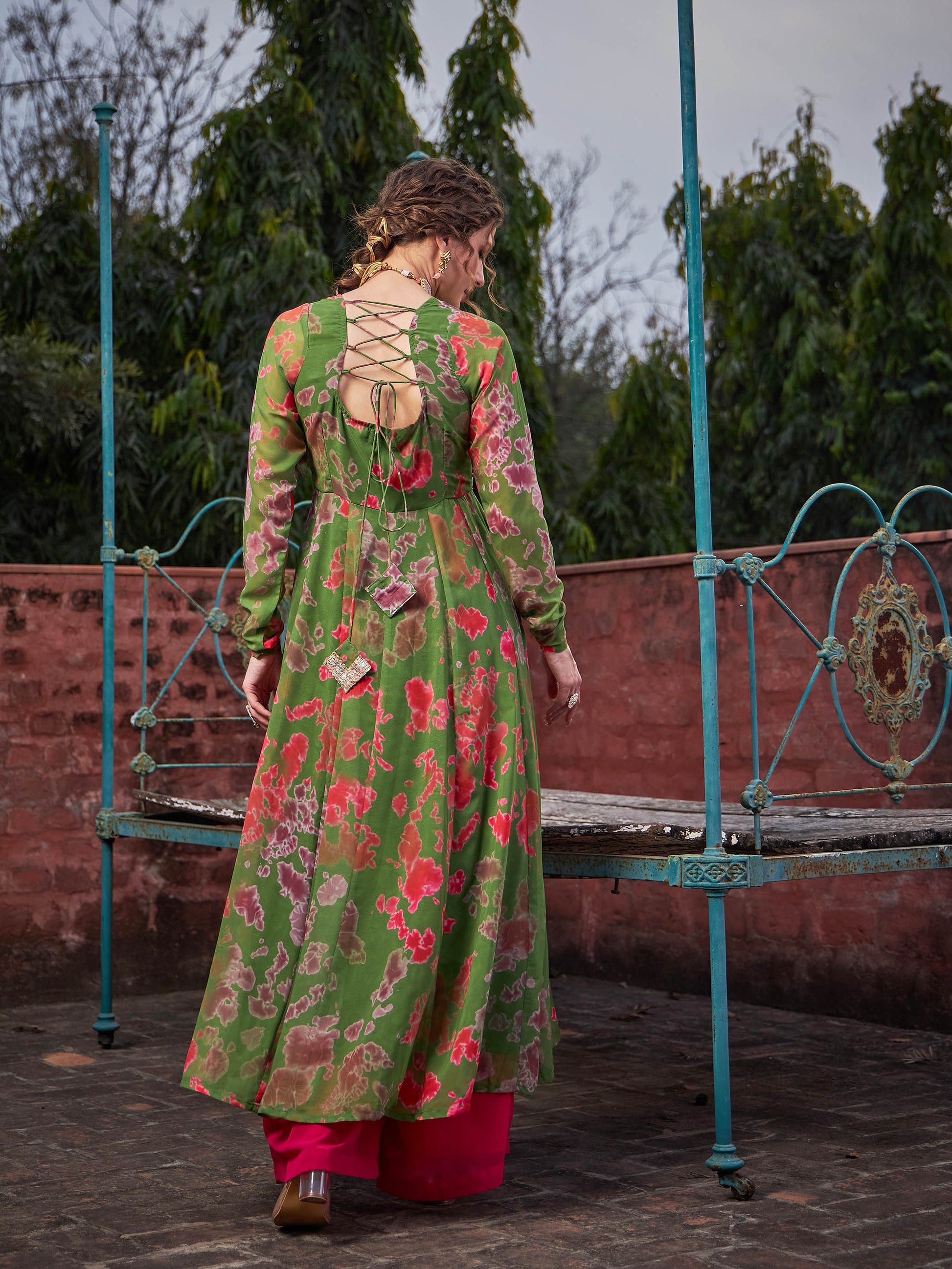 Green Tie & Dye Back Criss Cross Dori Anarkali Kurta-Shae by SASSAFRAS