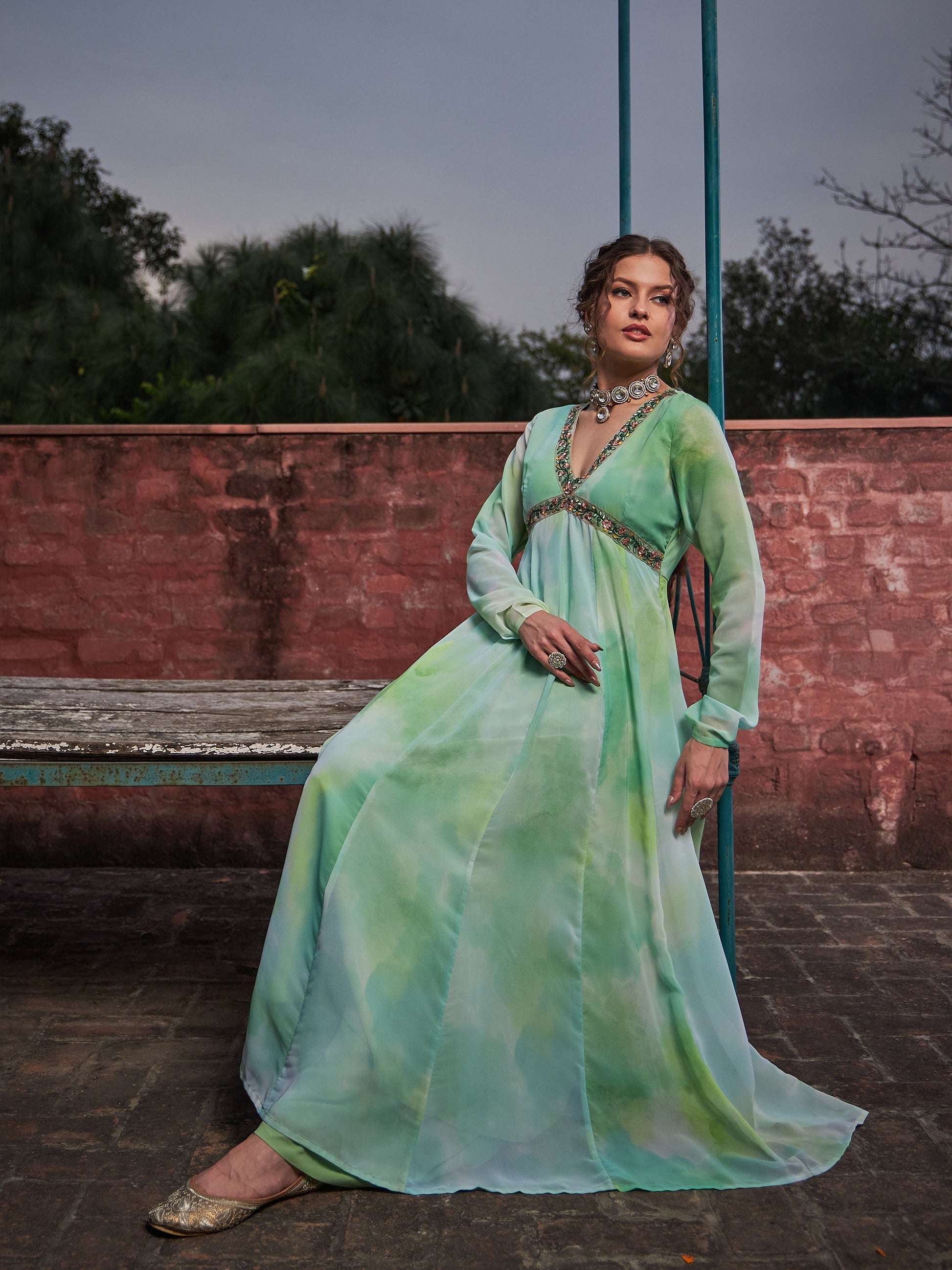 Lime Green Tie & Dye V Neck Anarkali Kurta -Shae by SASSAFRAS