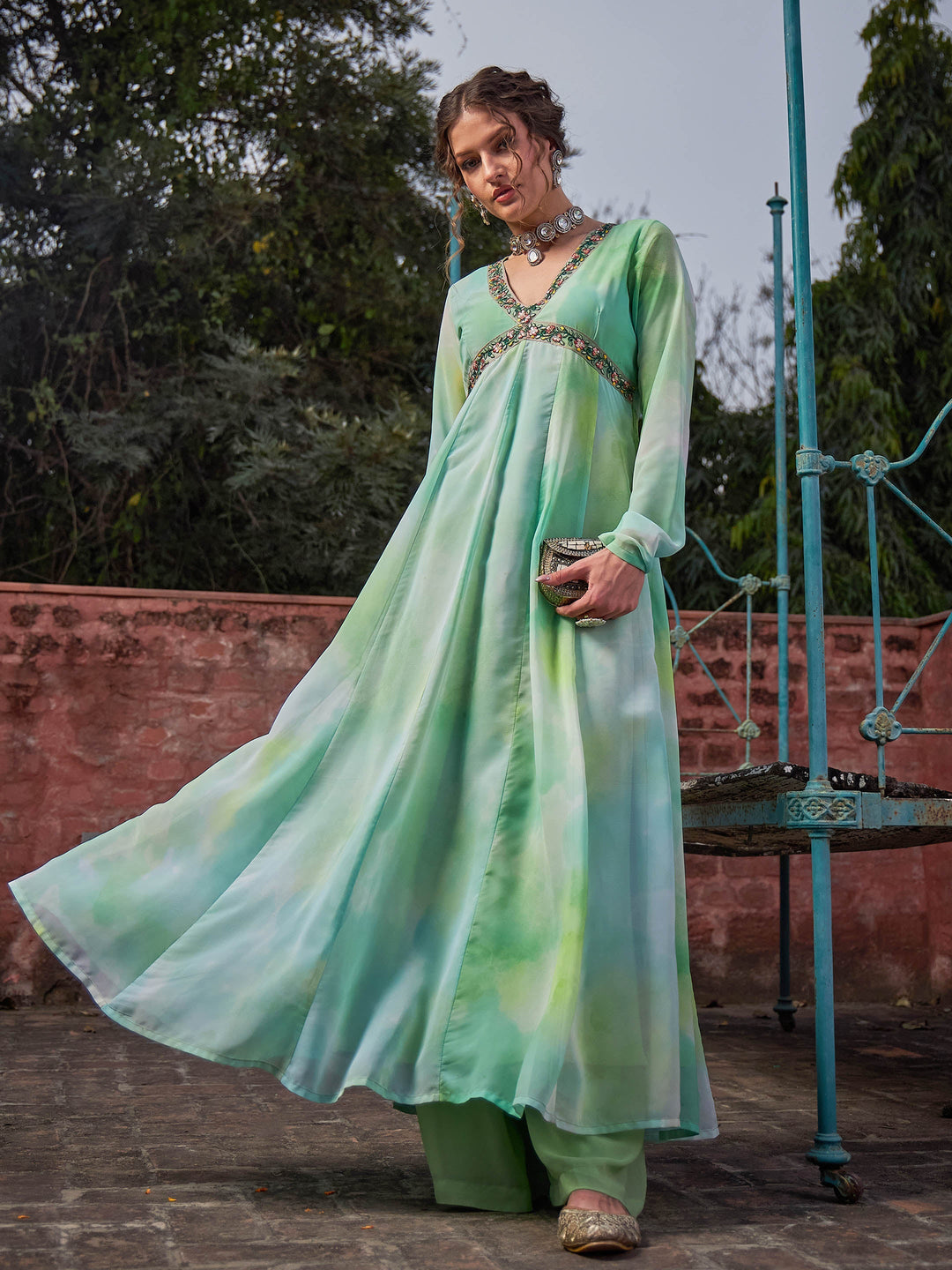 Lime Green Tie &amp; Dye V Neck Anarkali Kurta -Shae by SASSAFRAS