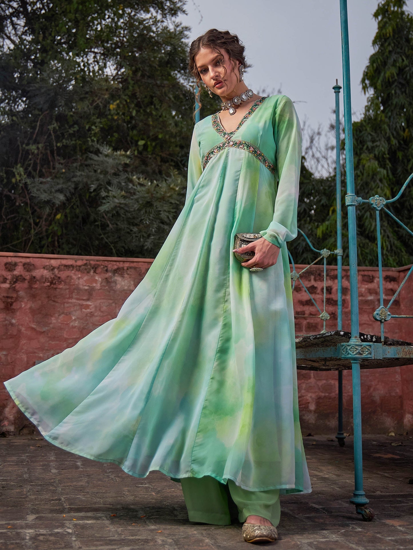 Lime Green Tie & Dye V Neck Anarkali Kurta -Shae by SASSAFRAS