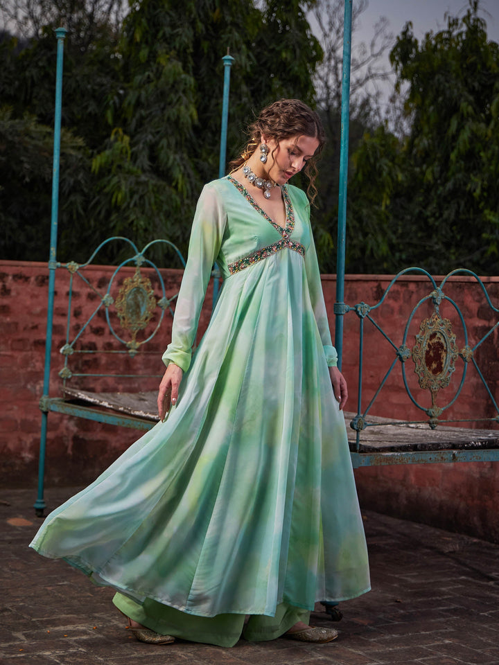Lime Green Tie &amp; Dye V Neck Anarkali Kurta -Shae by SASSAFRAS