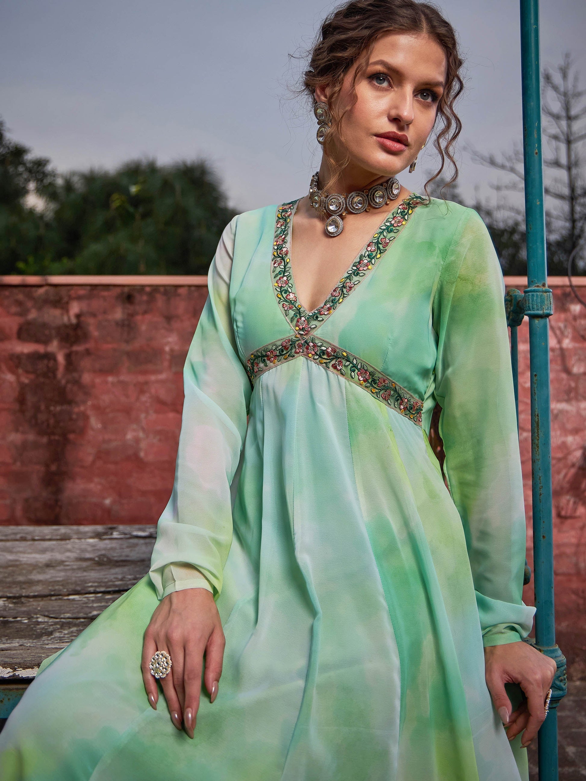 Lime Green Tie & Dye V Neck Anarkali Kurta -Shae by SASSAFRAS