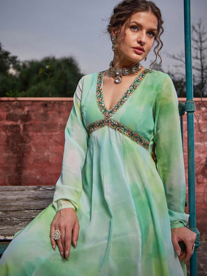 Lime Green Tie & Dye V Neck Anarkali Kurta -Shae by SASSAFRAS