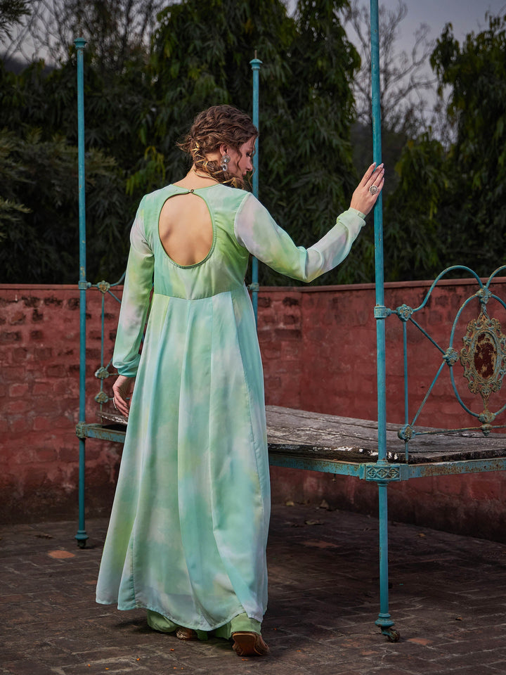 Lime Green Tie &amp; Dye V Neck Anarkali Kurta -Shae by SASSAFRAS