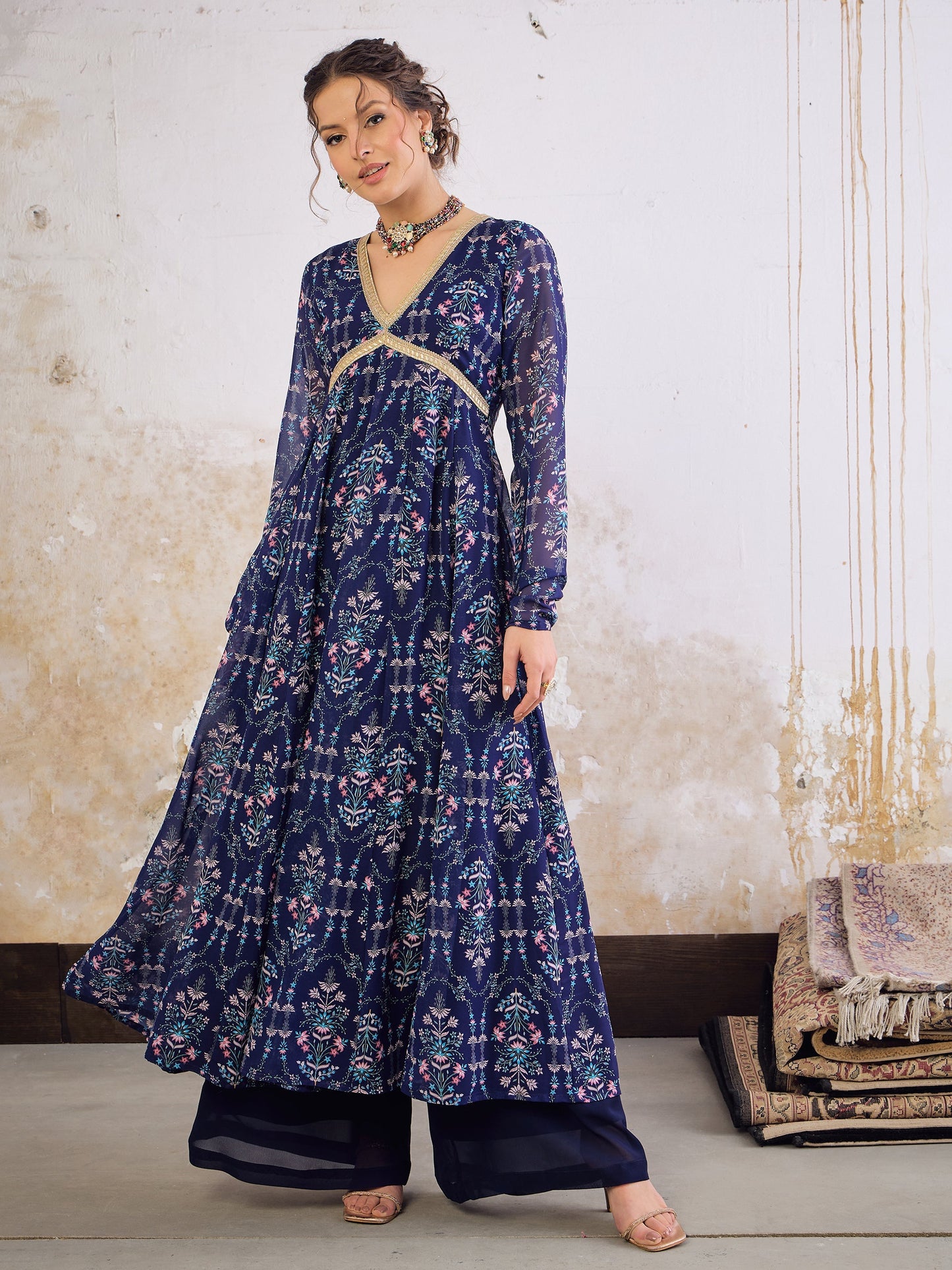 Navy Blue Floral V Neck Anarkali Kurta -Shae by SASSAFRAS