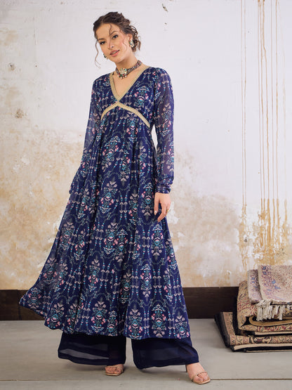 Navy Blue Floral V Neck Anarkali Kurta -Shae by SASSAFRAS