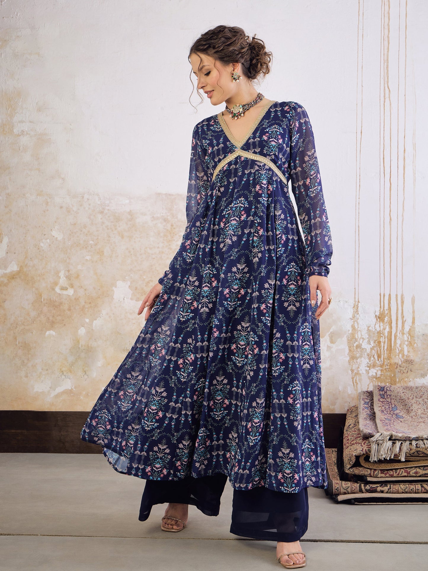 Navy Blue Floral V Neck Anarkali Kurta -Shae by SASSAFRAS
