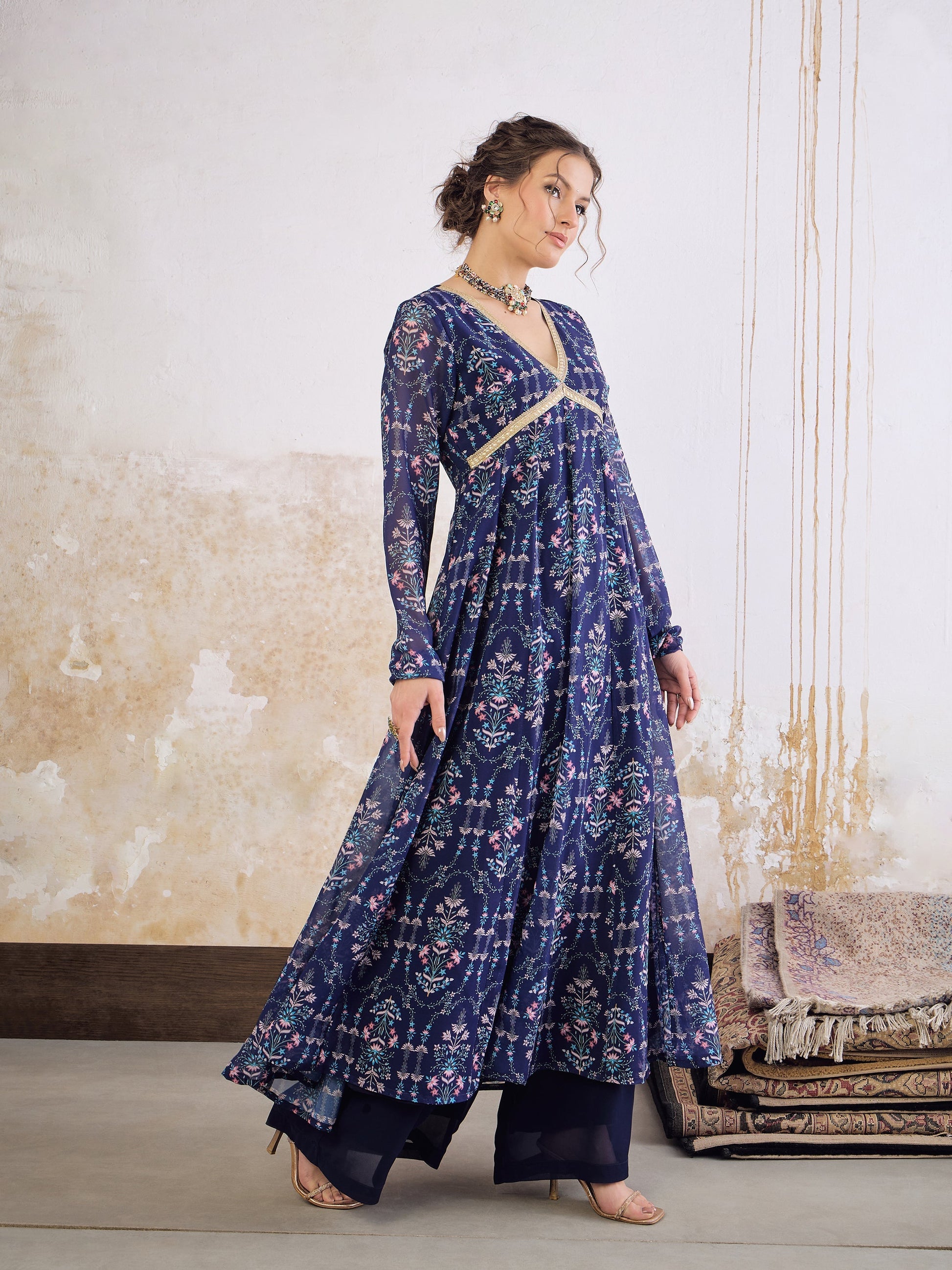 Navy Blue Floral V Neck Anarkali Kurta -Shae by SASSAFRAS