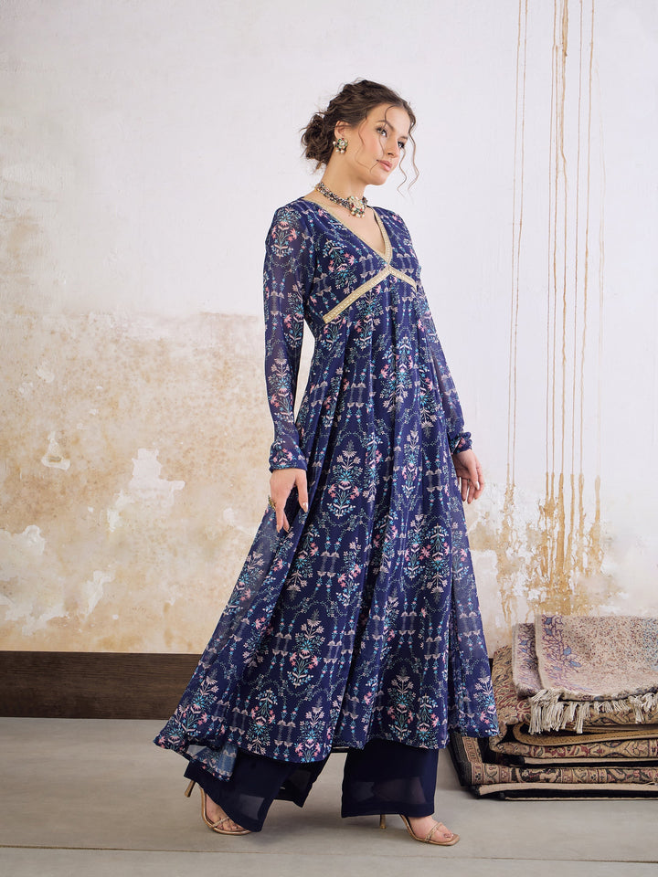 Navy Blue Floral V Neck Anarkali Kurta -Shae by SASSAFRAS