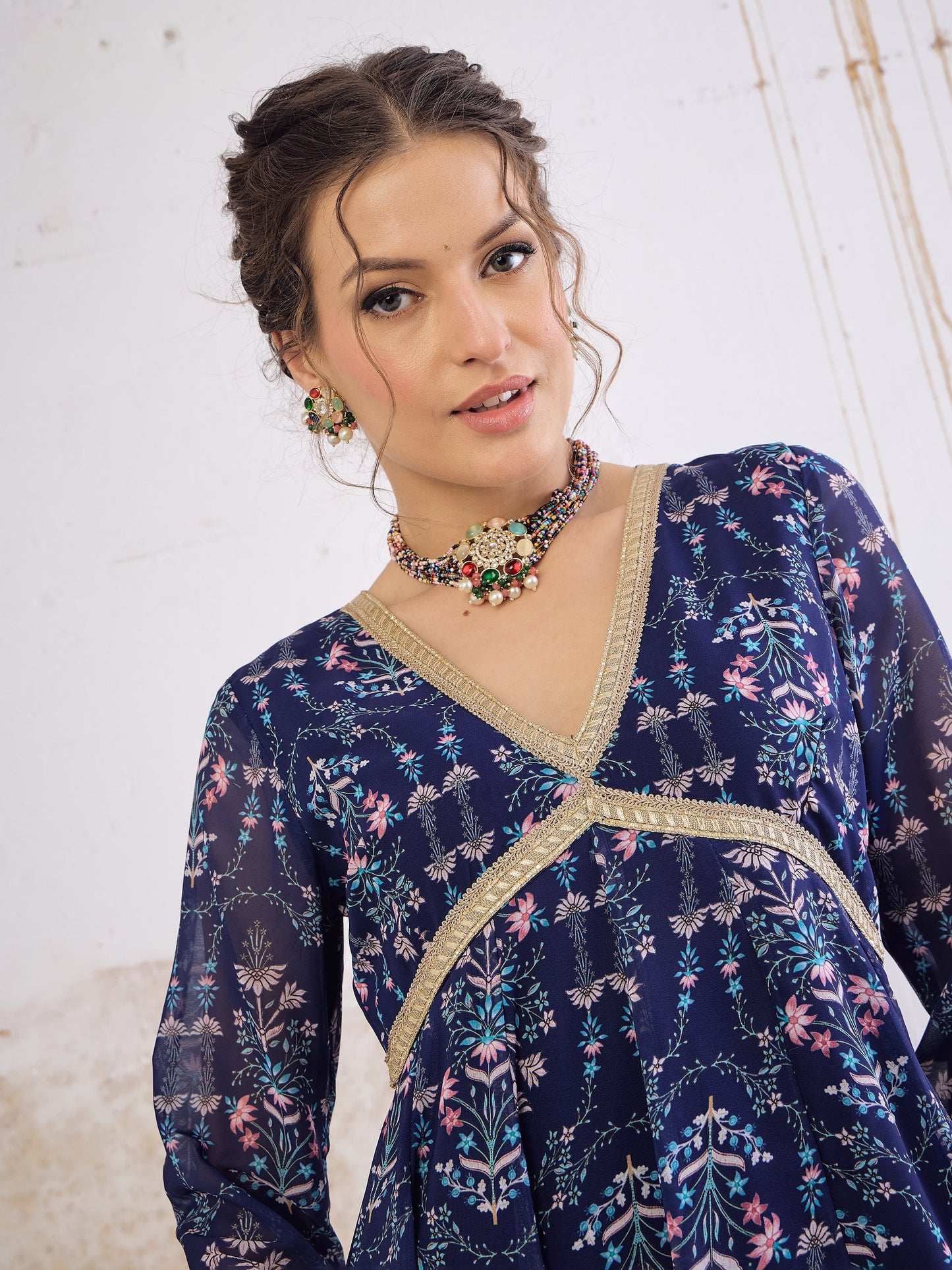 Navy Blue Floral V Neck Anarkali Kurta -Shae by SASSAFRAS