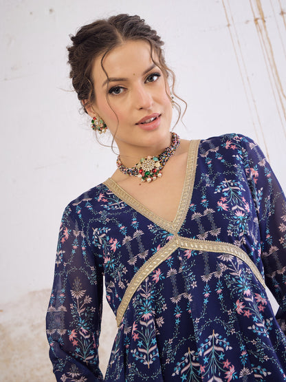 Navy Blue Floral V Neck Anarkali Kurta -Shae by SASSAFRAS