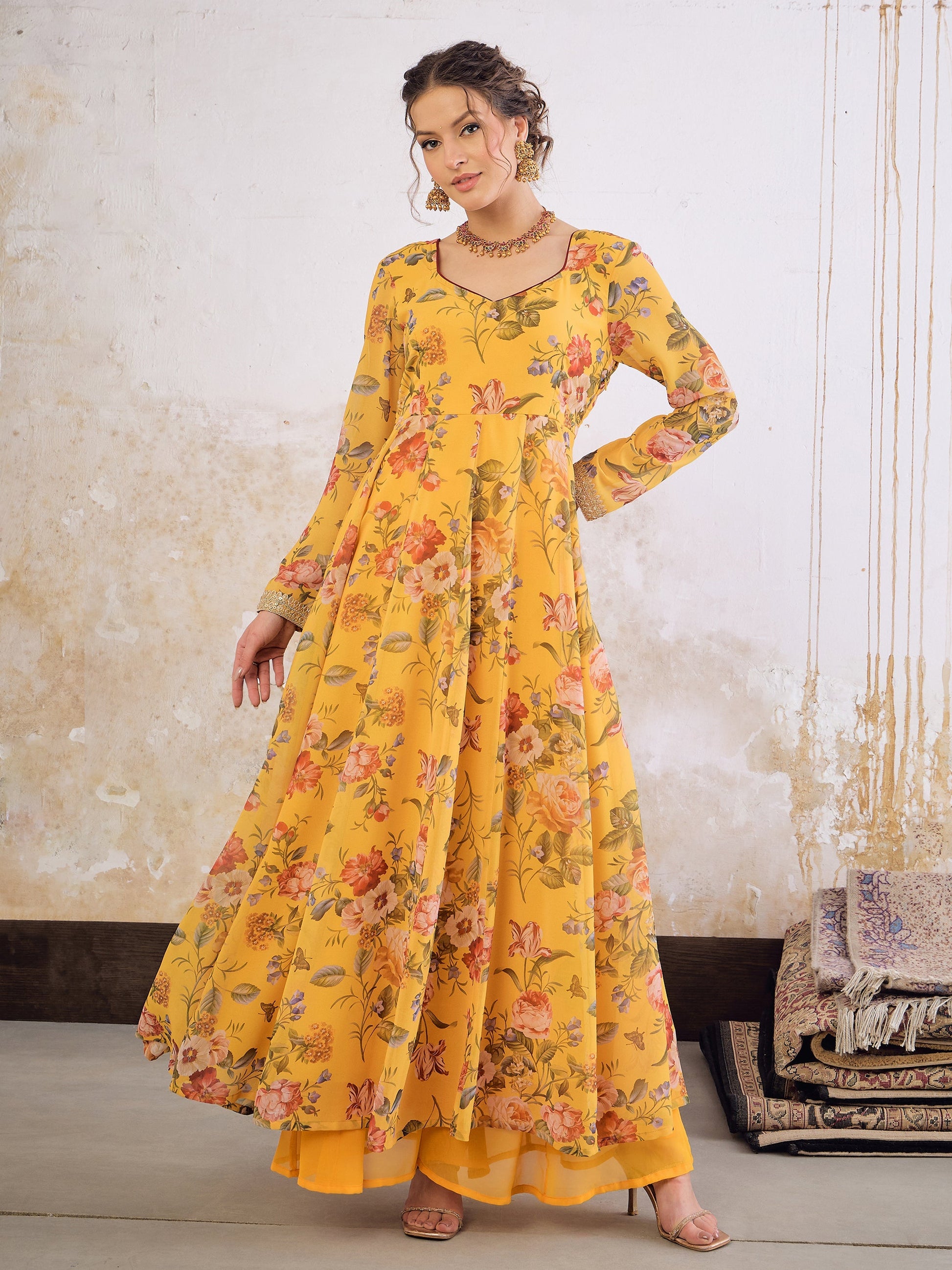 Yellow Floral Sweetheart Neck Anarkali Kurta -Shae by SASSAFRAS