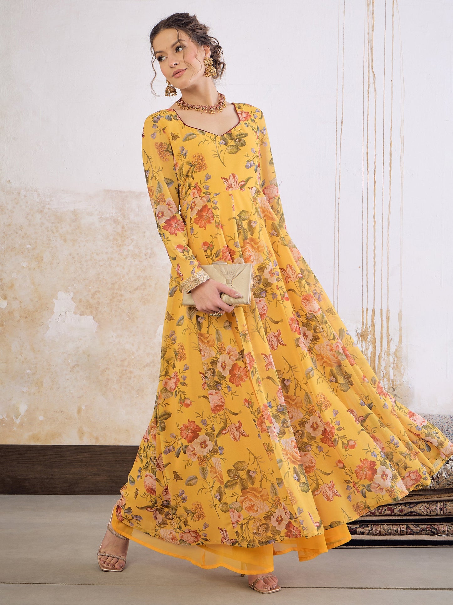 Yellow Floral Sweetheart Neck Anarkali Kurta -Shae by SASSAFRAS
